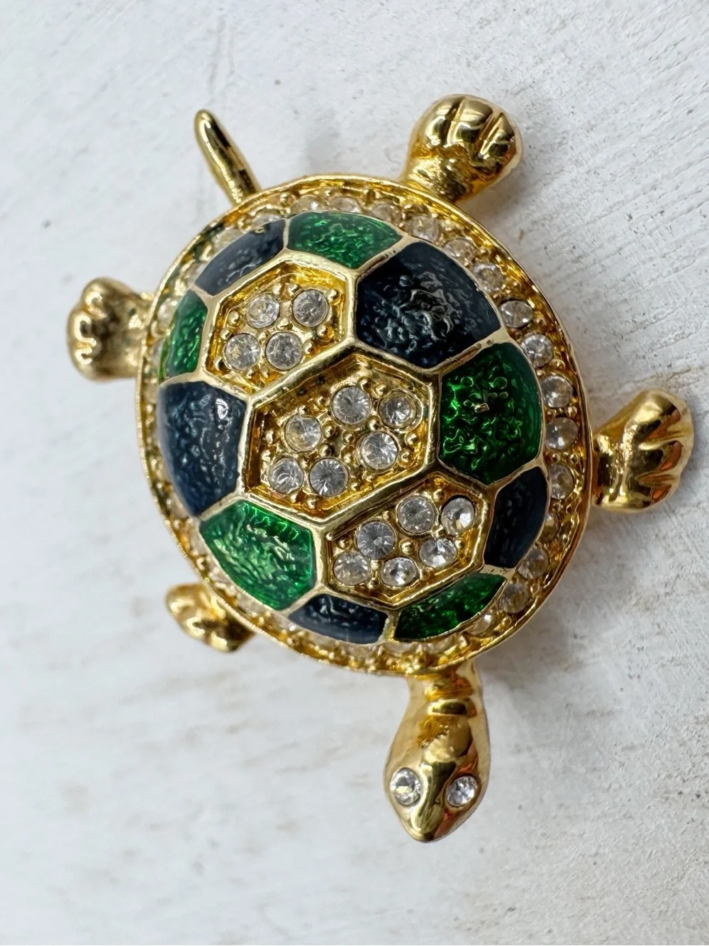 Turtle brooch gold tone green blue enamel rhinestone kitschy animal jewelry
